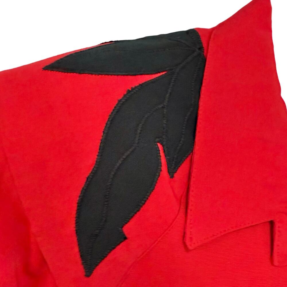 Vintage 80s Red Black Collared Belted Pleated Shoulder Pads Midi Dress size M - Picture 13 of 16